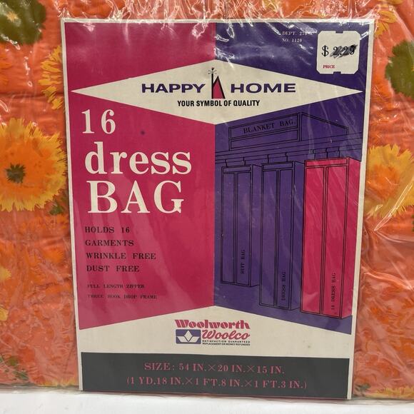 Vtg Woolworth Jumbo Vinyl Dress Bag Retro Floral MCM Garment Orange Green NEW - Picture 4 of 8